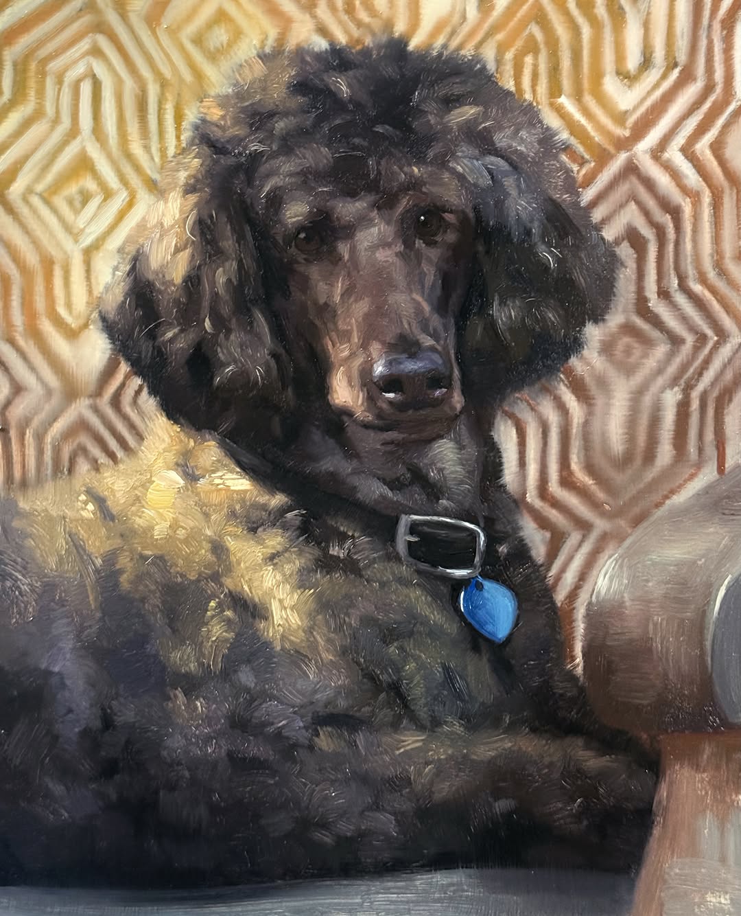 Black Standard Poodle portrait in oil paint