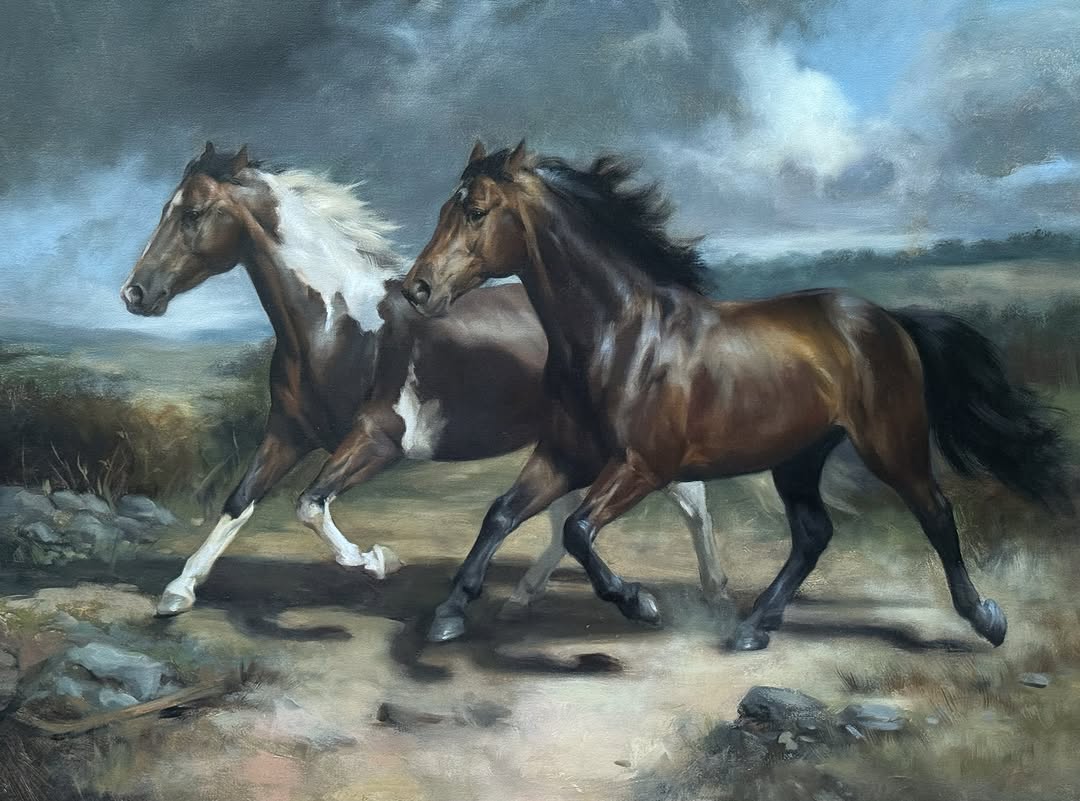 Two horses in landscape, oil painting