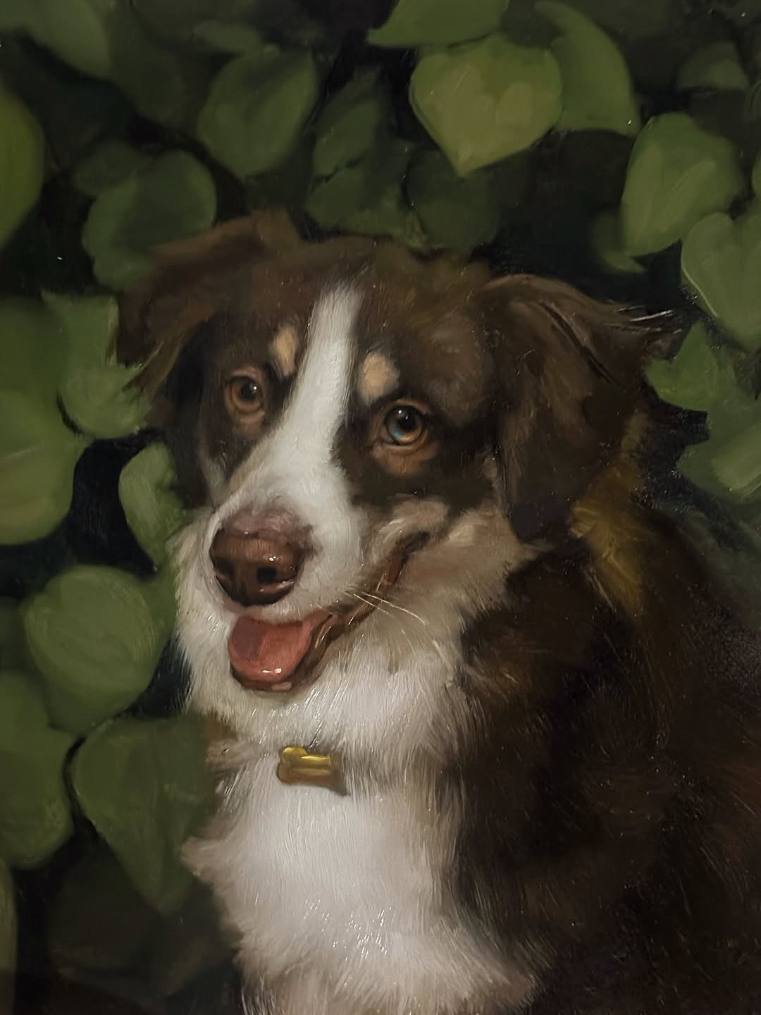 Brown and white dog portrait with green foliage