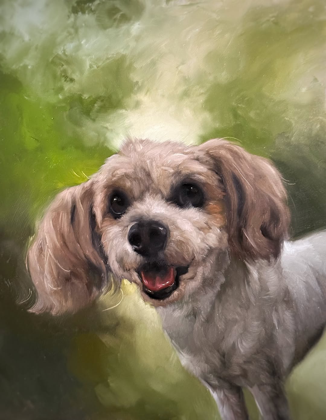 Dog portrait in soft realism, green background