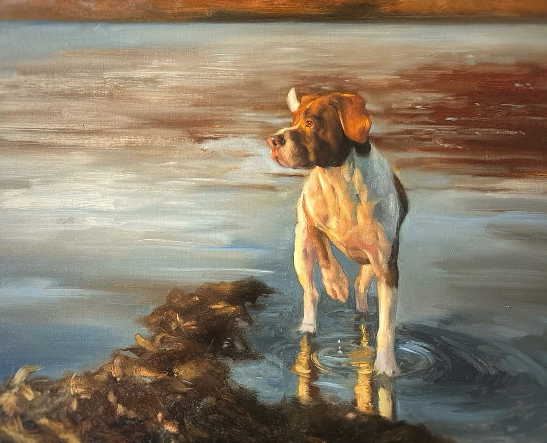 Dog portrait at sunrise lake, oil painting