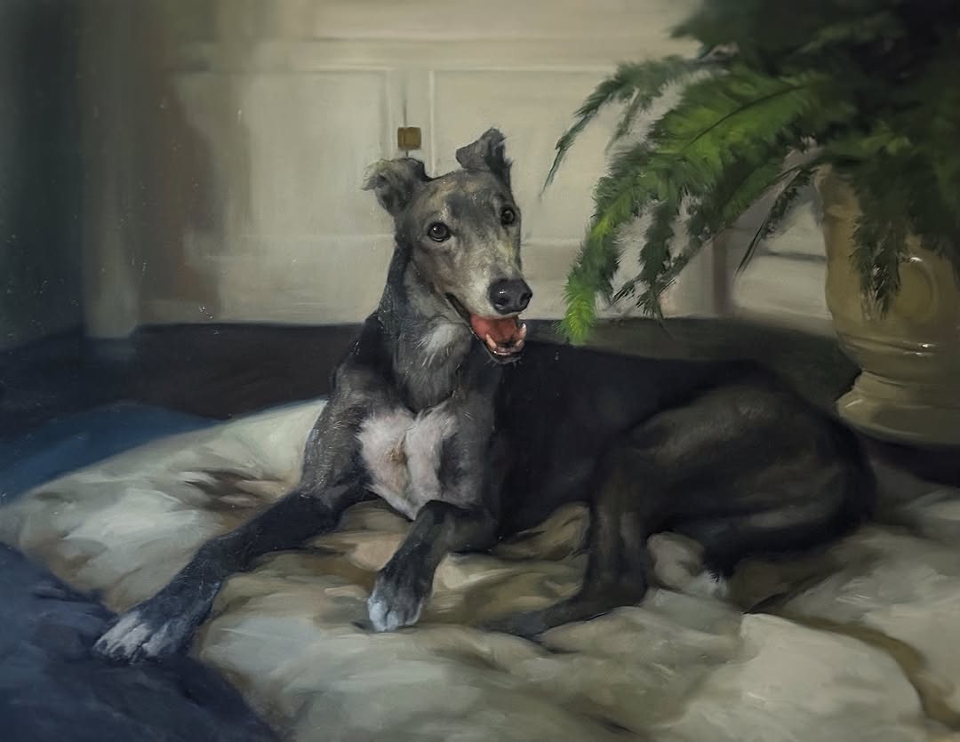 Happy greyhound portrait painting