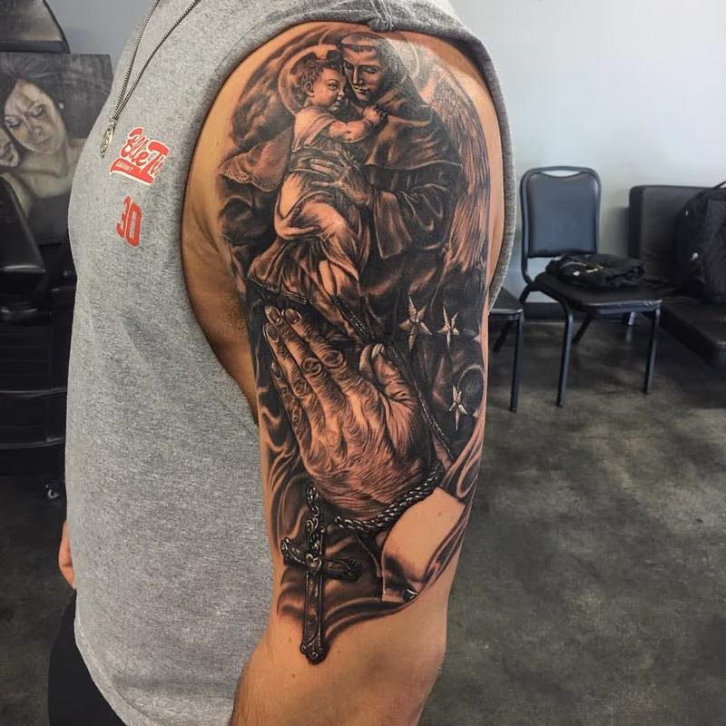 Black and Gray Prayer Montage Tattoo