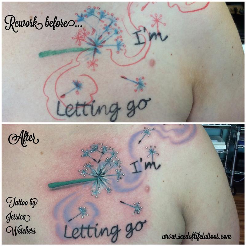 This piece was done just a year before she came to me. The top piece was done by a Tattooer who'd supposedly had been tattooing for over 20 years. She really want d to keep the piece so I reworked it and added a background to help give it more flow.