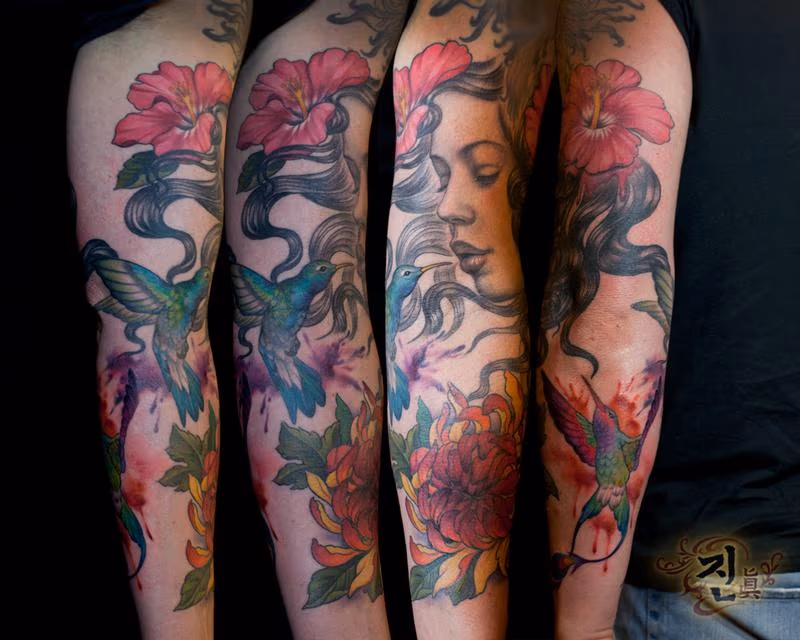 Lady, Hummingbird and Gladiolas