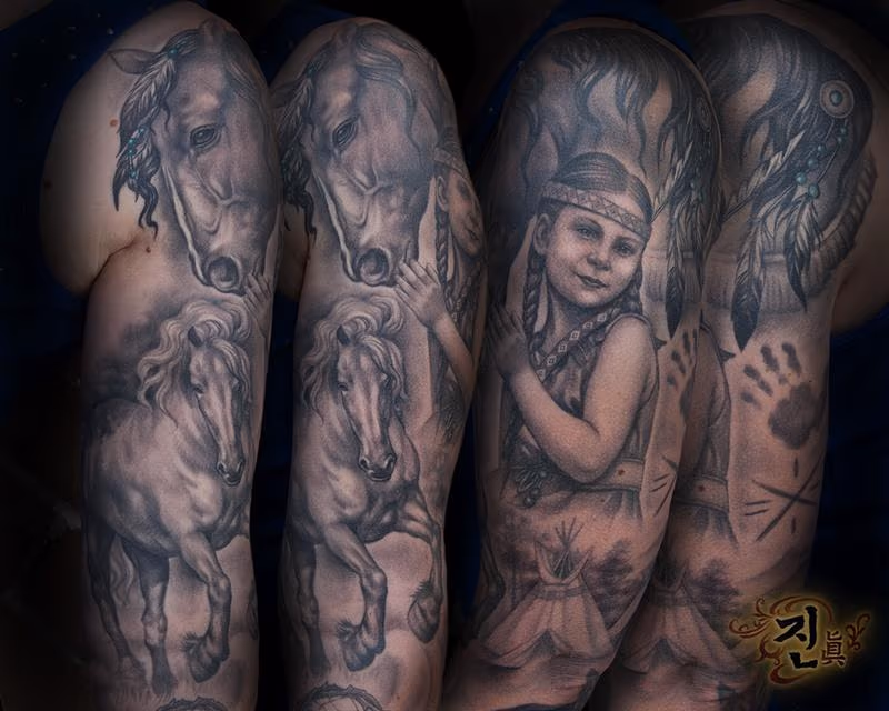 Indian Girl with Three Horses