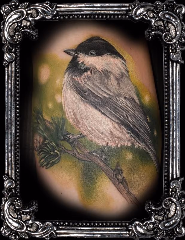 chickadee tattoo in painterly realism style