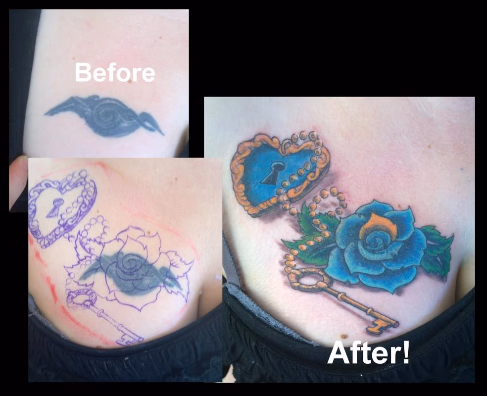 Rose and Locket Feminine Coverup Tattoo