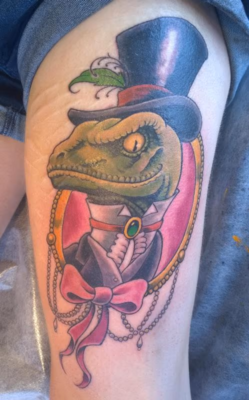 Neo-Traditional Velociraptor in a Top Hat Color Tattoo