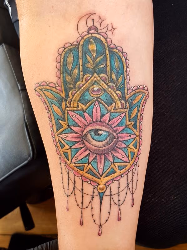 Hand of Fatima Feminine Color Tattoo