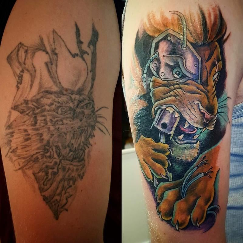 Cyborg Lion Cover-up Tattoo