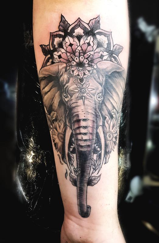 Black and Grey Elephant Tattoo