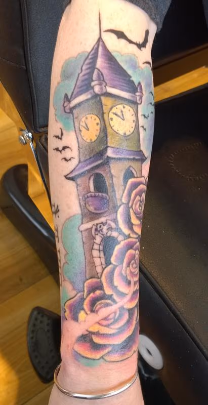 Spooky Clock Tower Color Tattoo
