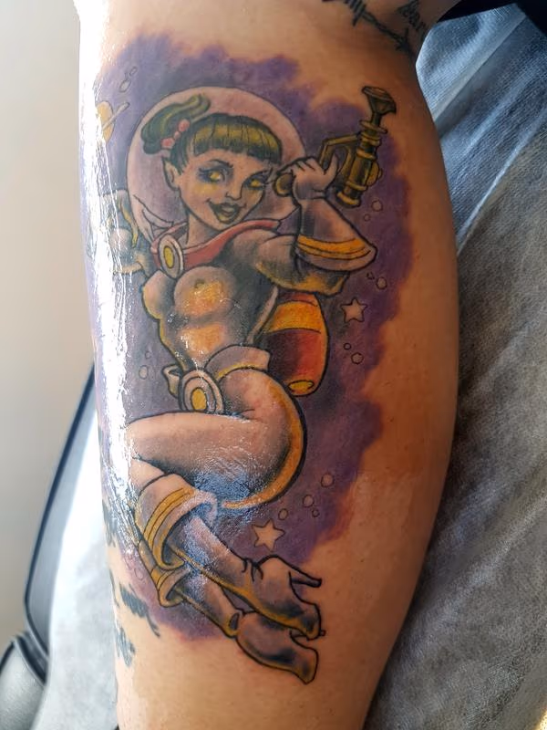 Retro Space Girl Color Pinup Tattoo