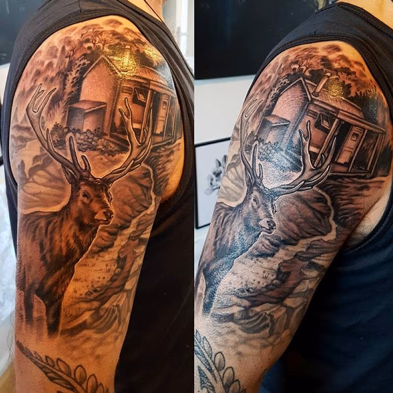 Black and Grey Stag and Cabin Tattoo