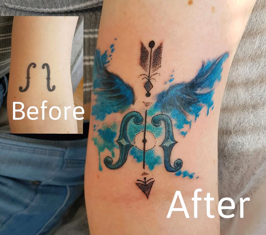 Watercolor Dotwork Wings Coverup Tattoo