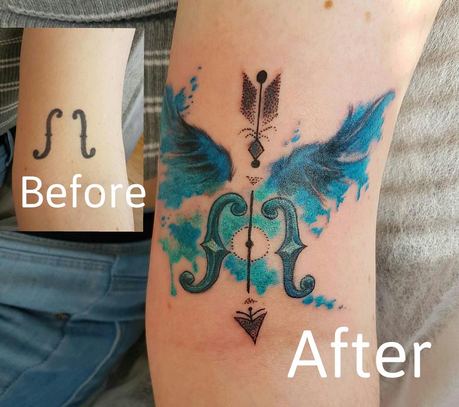 Watercolor Dotwork Wings Coverup Tattoo