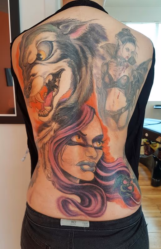 Wolf Warrior Color Tattoo Full Back
