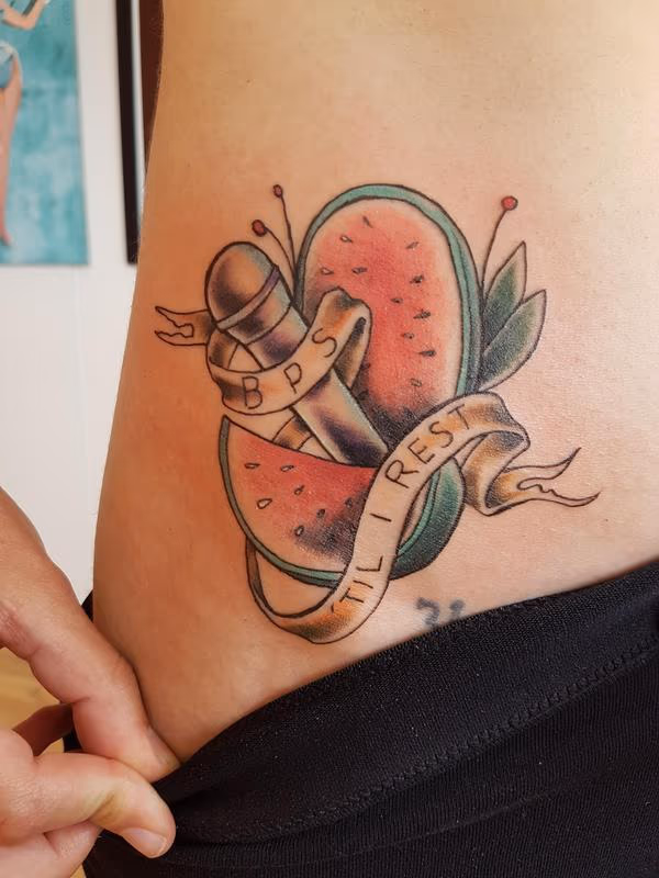 Microphone and Watermelon Traditional Tattoo