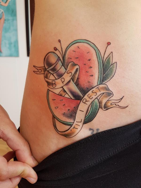 Microphone and Watermelon Traditional Tattoo