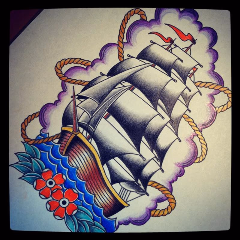 American Traditional Sailing Ship Tattoo Design