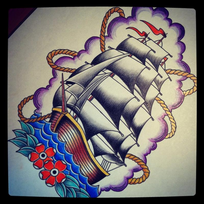 American Traditional Sailing Ship Tattoo Design