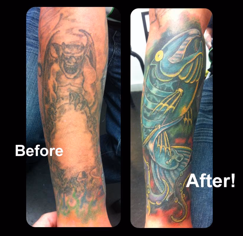 Biomechanical Robot Trout Coverup Tattoo