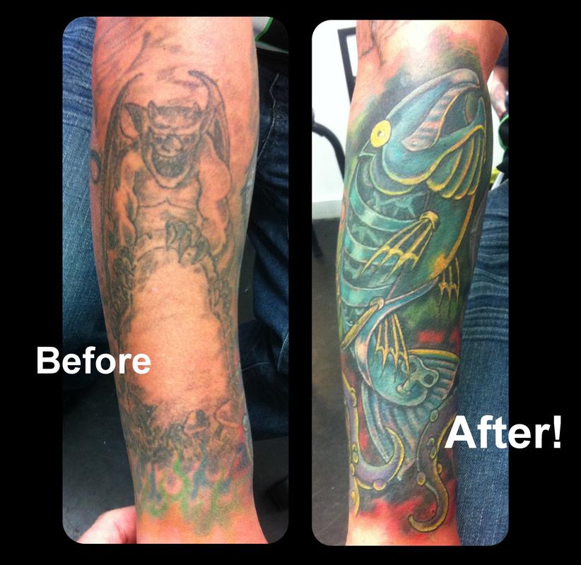 Biomechanical Robot Trout Coverup Tattoo