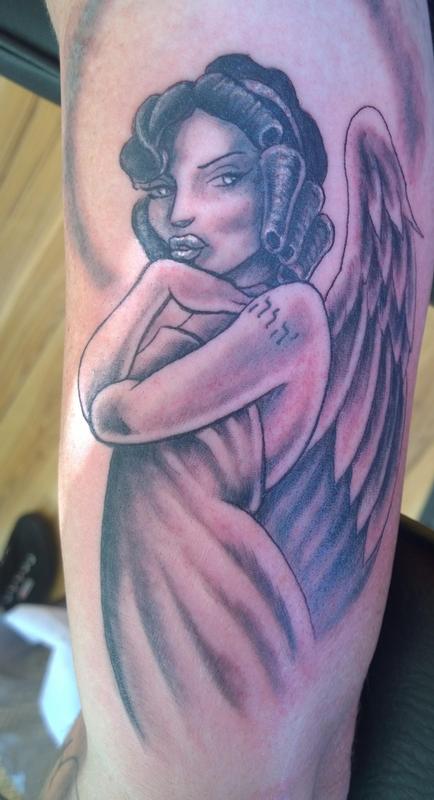 Feminine Angel Black and Gray Angel Tattoo