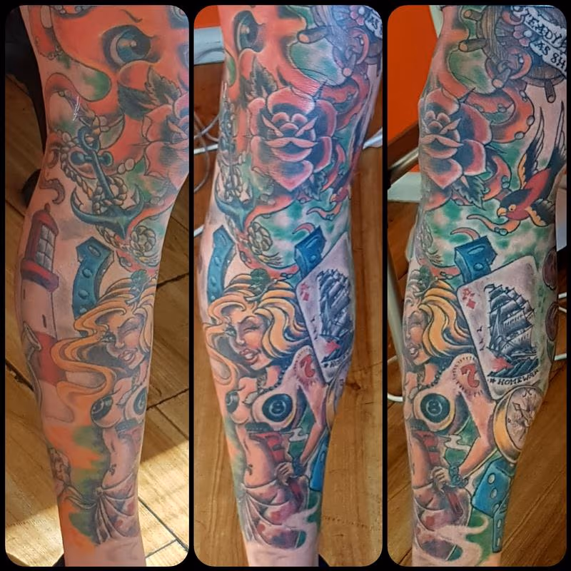 Traditional Themed New School Leg Sleeve Tattoo