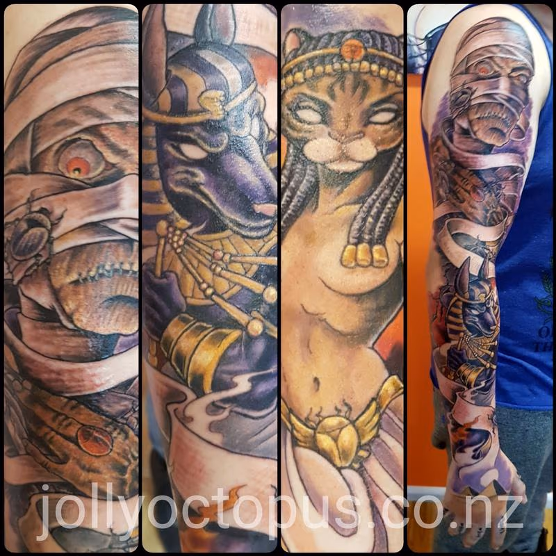 New School Egyptian Gods Full Sleeve Tattoo