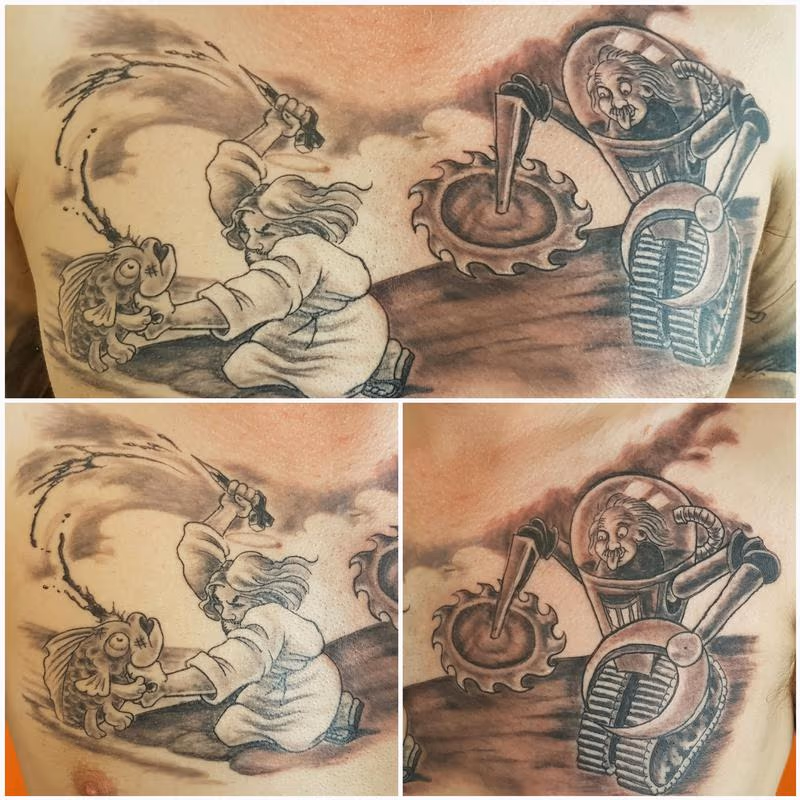 Religion vs Science Black and Gray Chest Tattoo