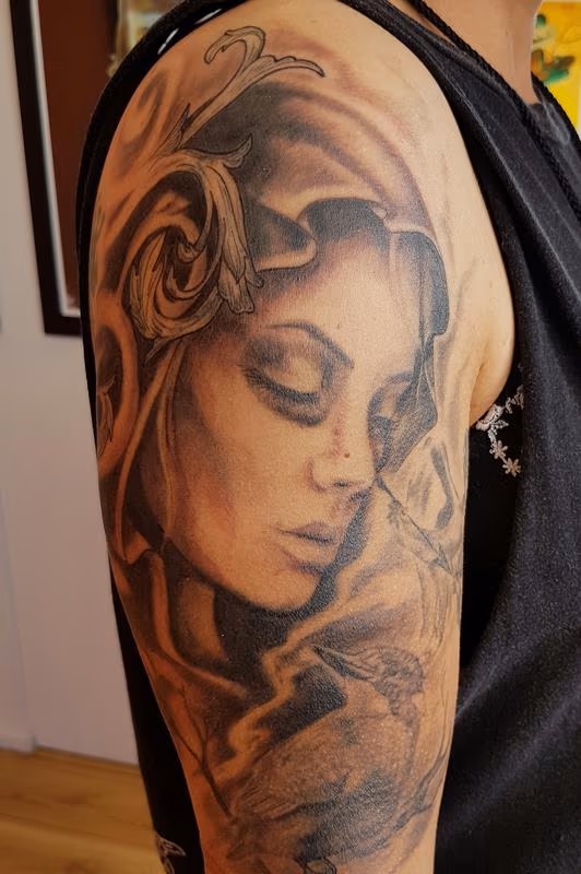 Black and Gray Portrait Half Sleeve