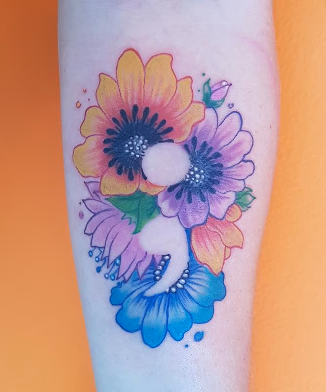Flowers and Semicolon Feminine Color Tattoo