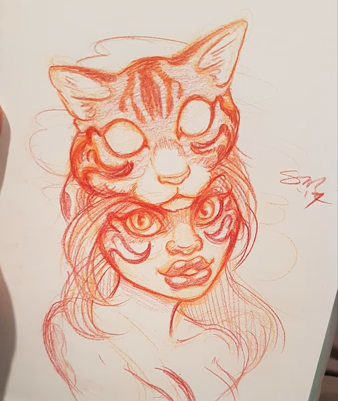Cat Head Warrior Woman Tattoo Design