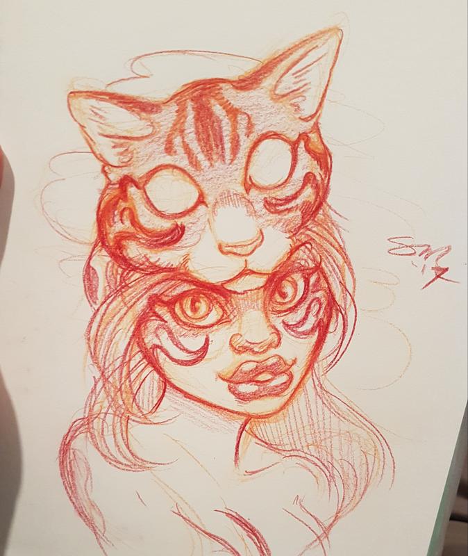Cat Head Warrior Woman Tattoo Design