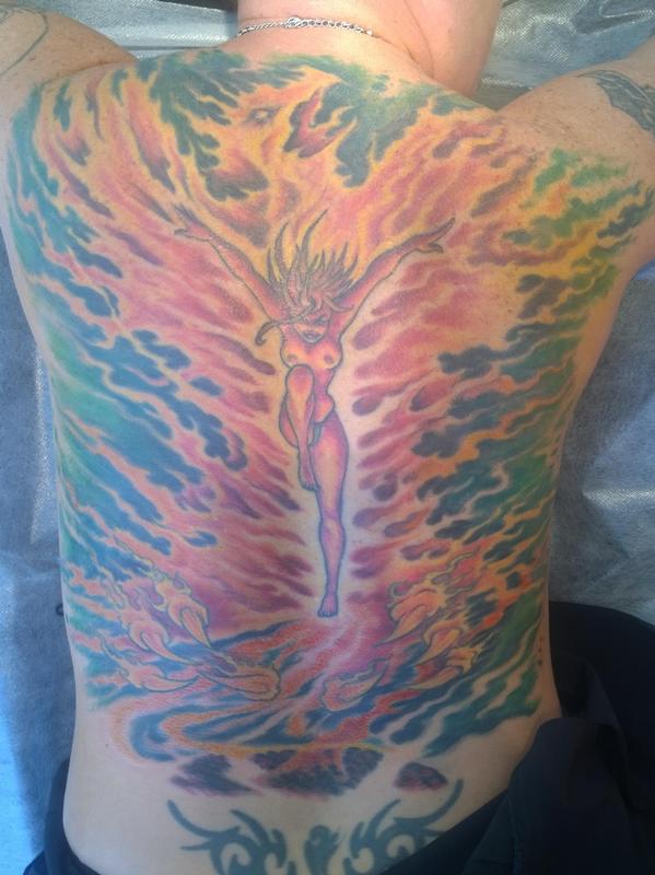 Pinup Phoenix Full Back Tattoo