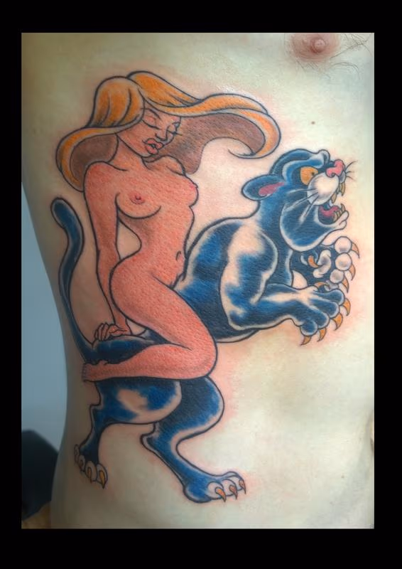 Pinup and Panther Color Tattoo