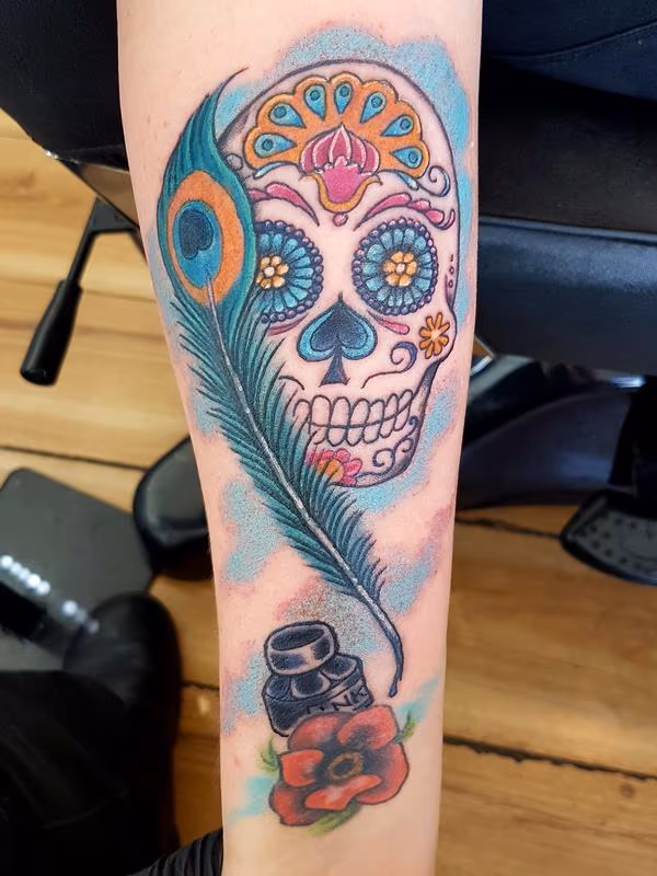 Sugar Skull and Peacock Feather Feminine Tattoo