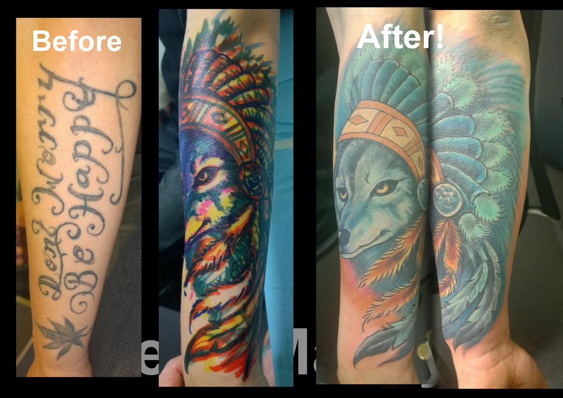 Native American Wolf Coverup Tattoo