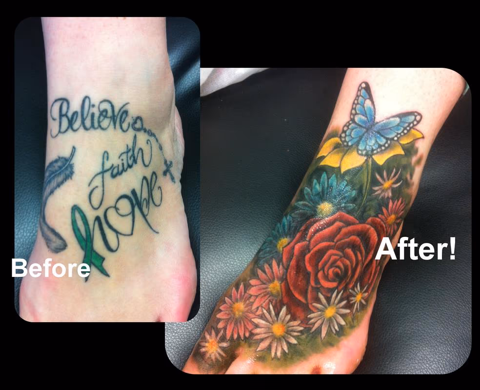 Feminine Flowers Coverup Foot Tattoo