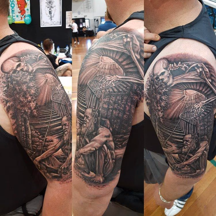 Death and Darwin Black and Gray Half Sleeve Tattoo