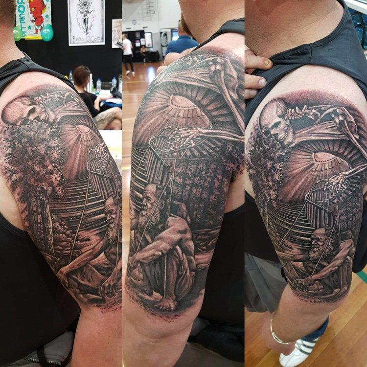 Death and Darwin Black and Gray Half Sleeve Tattoo