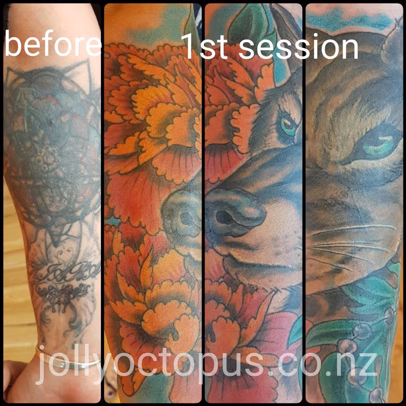 Wolf and Peonies Coverup Tattoo