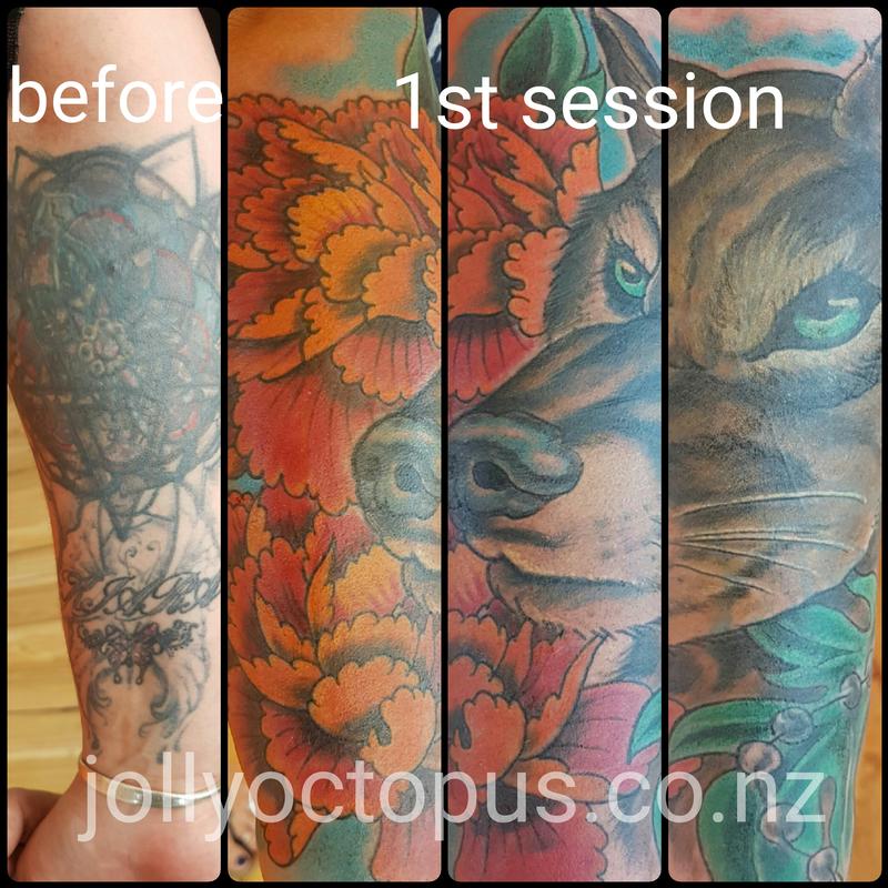 Wolf and Peonies Coverup Tattoo