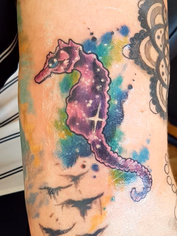 Watercolor Seahorse Feminine Color Tattoo
