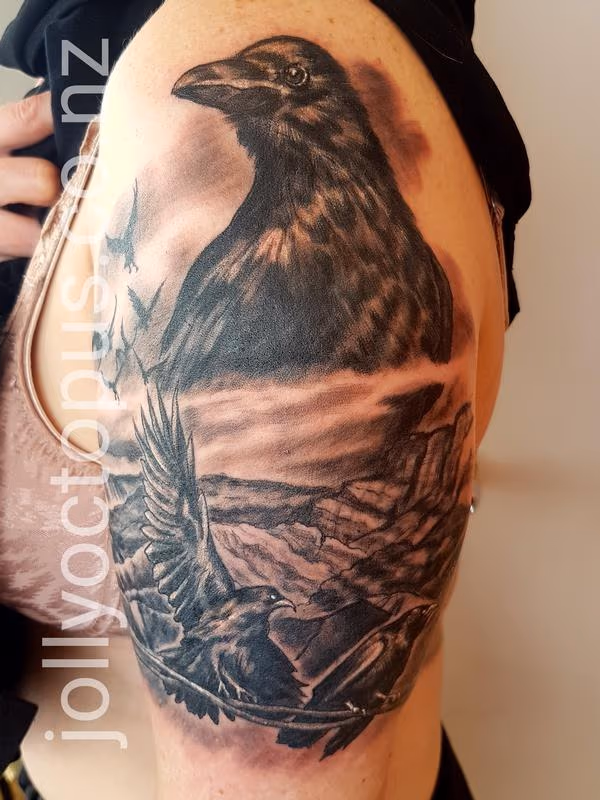 Black and Gray Crow Tattoo