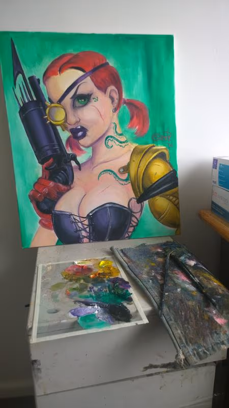 Steampunk Pinup Original Oil Painting