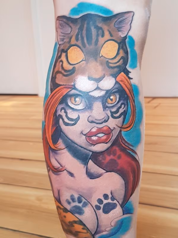 Cat Head Warrior Woman Pinup Tattoo