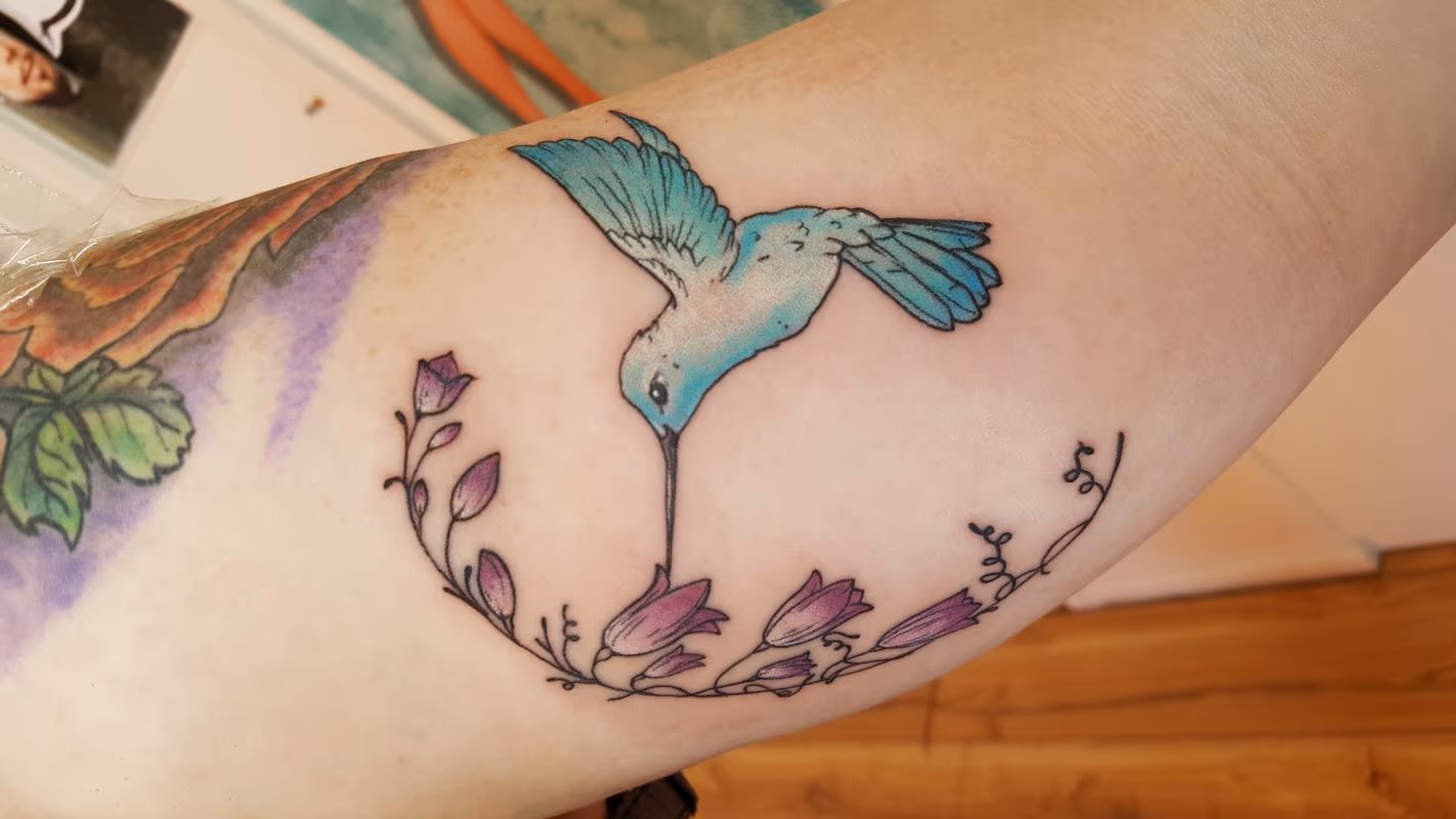 Hummingbird and Flower Colour Tattoo